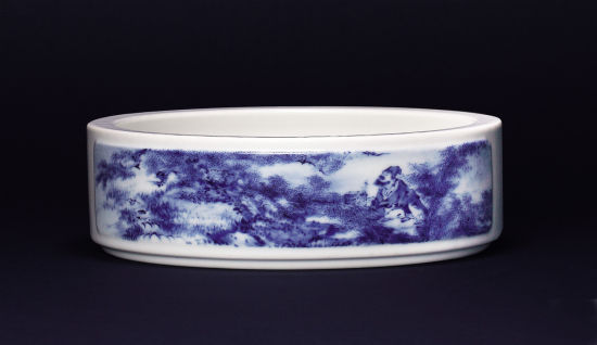 王步 青花双面开光高士图笔洗