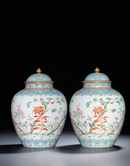 清道光 粉彩丽景雁来红盖罐一对 678万的成交