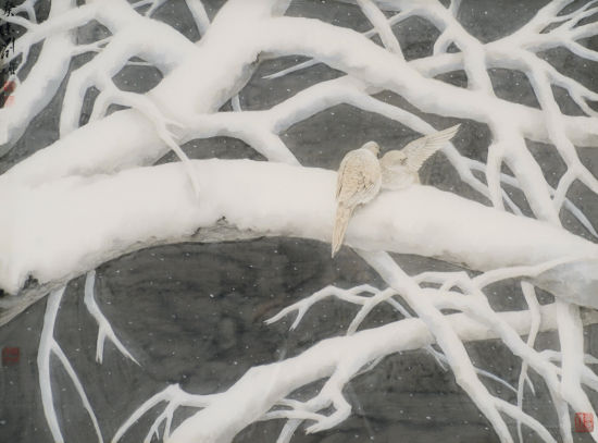 刘墉(b.1949) 静雪 Silent Snow 绢本镜心 2003年作 58×78CM 款识：癸未刘墉。 钤印：刘墉、梦然、氤梦楼 出版： 1、《刘墉的情与艺》P98，甘肃人民美术出版社，2006年。 2、《像画一样美丽》P170-171，中华书局，2012年。 备注：本件作品曾常年悬挂于刘墉纽约画室。