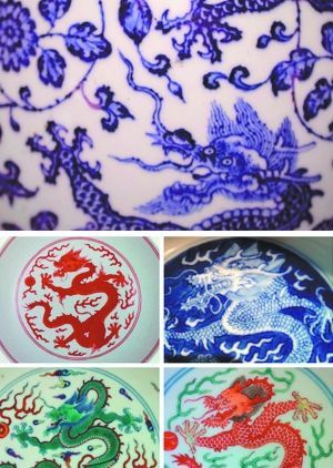 海外某小拍公司的一件雍正青花穿花龙纹胆瓶（上图），瓶上的龙爪，狠狠抓向自己的脸。事实上，整个清代的龙（其余四小图）皆张牙舞爪，无一龙爪内翻。