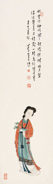 Lot 1029 溥儒 红袖凭栏 镜片 纸本设色 1941年作 95×28cm