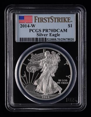 2014年美国鹰洋1盎司精制银币一枚(W版、初铸版、PCGS PR70)