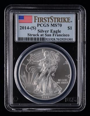 2014年美国鹰洋1盎司银币一枚(S版、初铸版、PCGS MS70)