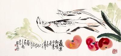 王个簃学生杭英作品《蔬果翘嘴白条鱼》
