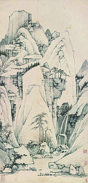 渐江作品《秋山双瀑图》。