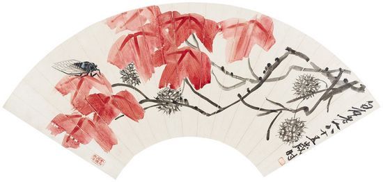 齐白石 秋蝉红枫 设色纸本 扇面