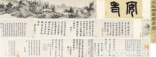 沈周(明)《安老亭图》手卷 沈周一生钟情元四家,其洒脱跌宕如黄大痴,缜密苍郁如王黄鹤,清隽平淡如倪云林,浑朴润泽如吴仲圭。此帧法仲圭,淋漓苍厚,朴茂之中别有清润之气逸出。写的是平岗大丘、板桥水村间的江南幽居,安