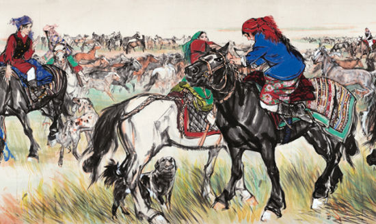 图片由北京保利拍卖提供 黄胄， “欢腾的草原”（局部），142×360cm，1981年