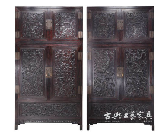 清乾隆 紫檀高浮雕九龙西番莲纹顶箱式大四件