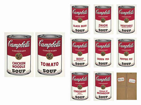 　安迪•沃霍尔，《金宝汤罐头之一》(一组10幅)， 1968年作。2013年5月1日在佳士得(纽约)有限公司以411,750美元(约合人民币2，524，315元) 成交(含买家佣金)。