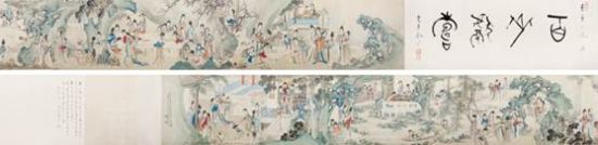　　黄山寿 百美献寿图 绢本设色 手卷 尺寸：40×488cm 约17.6平尺