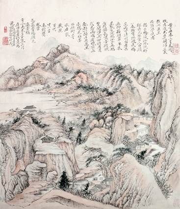 　　石涛《送牧老之闽海山水》 纸本设色 立轴 尺寸：50×42.5cm 约1.9平尺