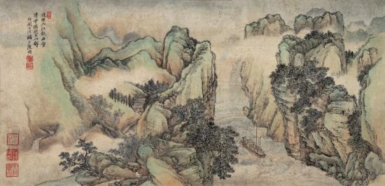 一、返照入江飞石壁，归云拥树失山  师关仝法，补少陵句。  钤印：壬申(朱文)、王骧之印(白文)、石谷(朱文)、樵雅趣(白文)、天放闲人(朱文)。约1.9平尺