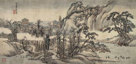 三、仿李营丘秋涉图。  钤印：王骧(白文)、石谷(朱文)。约1.9平尺