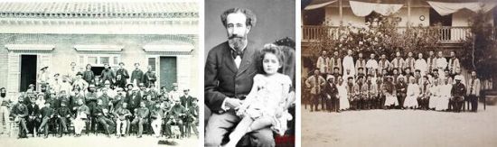 45名船政洋匠合影(左) 日意格(中) 福州船政学堂师生合影(右)