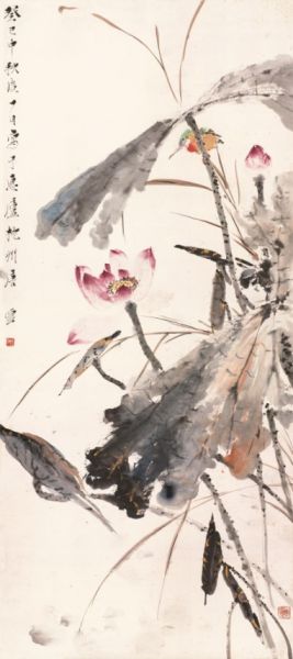 唐云 荷塘翠鸟 设色纸本 立轴 125.5×55.5cm