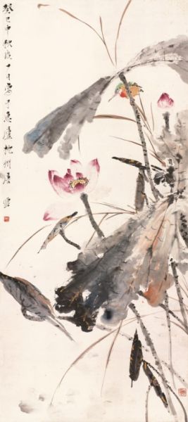 唐云 荷塘翠鸟 设色纸本 立轴 125.5×55.5cm
