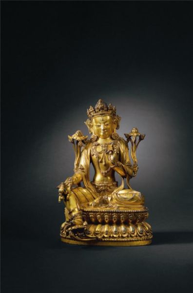 明永乐 铜鎏金观音菩萨像 尺寸：H 21.5cm 款识：“大明永乐年施”款