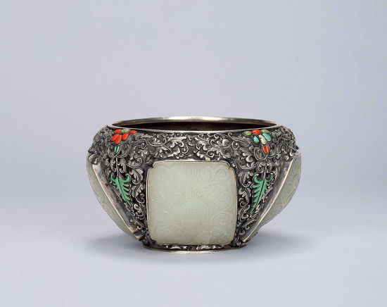 清 佛日常明嵌白玉铜钵