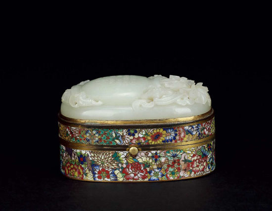 　清 铜胎画珐琅首饰盒嵌五福平安玉盖