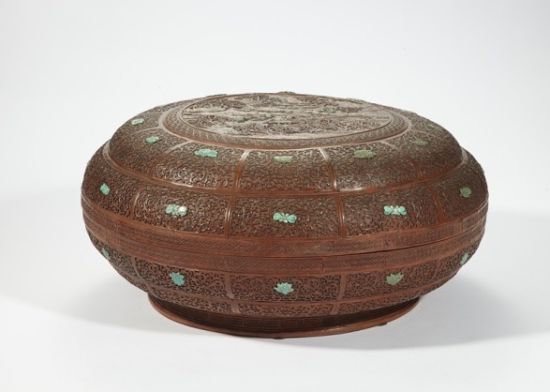 清乾隆 竹黄嵌宝花卉渔樵耕读大捧盒