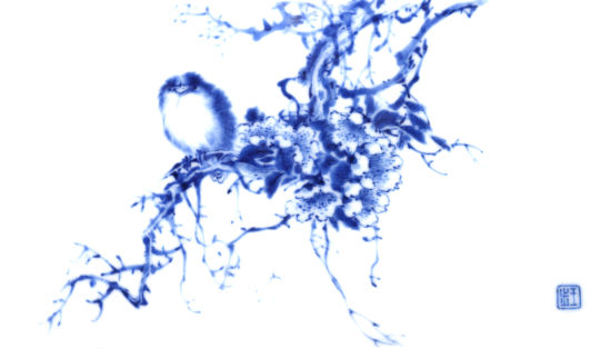 王步  青花海棠观雀图笔筒   全景图