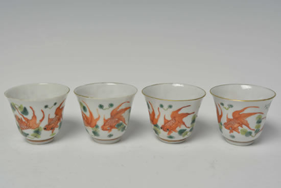 【a10205480 清光绪 粉彩鱼藻纹杯四只】