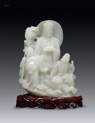 白玉佛祖罗汉像 　重量：4450g 尺寸：长21 cm,宽7.5cm，高27cm 连底座高度：31cm 　著录：《和田玉收藏实用解析》，封面及P191作品。中国轻工业出版社。 RMB：1,500,000 ~ 2,500,000