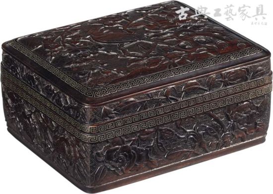 紫檀木雕嵌银线《梅花绶鸟图》盖盒