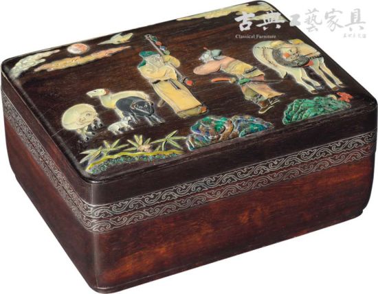 紫檀嵌玉石《苏武放羊图》盖盒