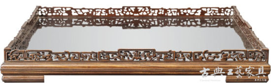 黄花梨配红木雕镂空髹漆方形托盘