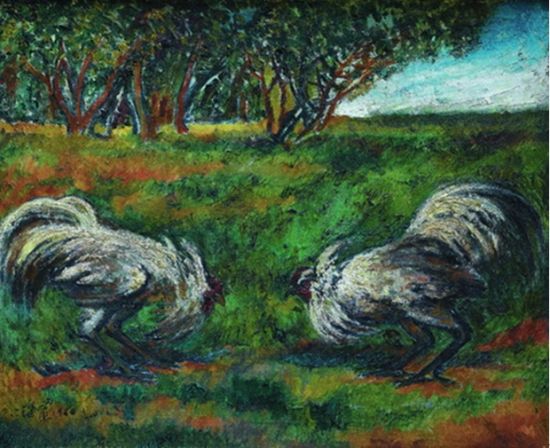 刘海粟油画《斗鸡图》