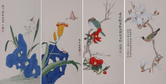 于非闇 花鸟四屏 65.5×32×4 设色纸本 镜心 说明：此作品为俞致贞、刘力上旧藏。