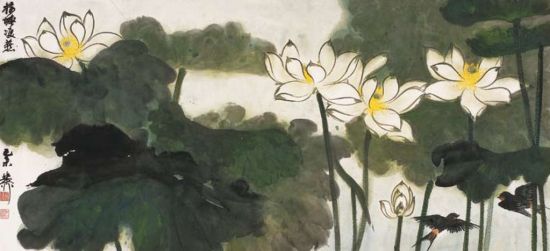 2013西泠春拍 谢稚柳 荷塘双燕图 设色纸本 镜片 1979年作 57.5×126cm