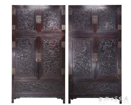 紫檀高浮雕九龙西番莲纹顶箱式大四件柜  清乾隆