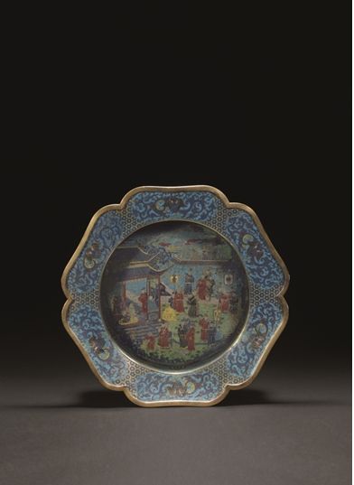 清康熙 铜胎掐丝珐琅大富贵亦寿图折沿花口大洗 长 55 cm