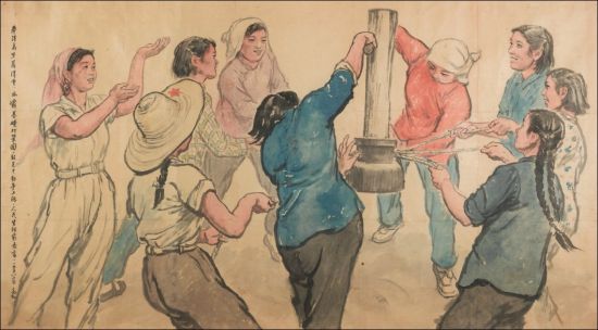 蒋兆和（1904—1986）九兰打夯 纸本镜心 1958年作 129×231.5 出版：《蒋兆和画集》（下卷）P224—225，北京工艺美术出版社，2005年12月。 著录：北京画院编：二十世纪中国美术大家《尽写苍生——蒋兆和绘画艺术》，P194，广西美术出版社，2012年6月。 备注： 1、此作品直接得自作者家属。 2、此作品为蒋兆和为纪念新中国水利工程“十三陵水库”所绘“九兰组”，以映当时热火朝天的劳动壮景。 