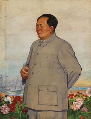 邹雅 田郁文《全面跃进的胜利归功于党和毛主席的领导》 纸本水彩