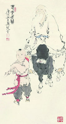 范曾-老子出关-纸本设色-镜心-134.5×70cm，53×27-12in，约8.5平尺