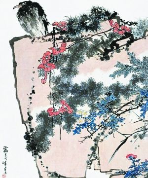 《鹰石山花图》