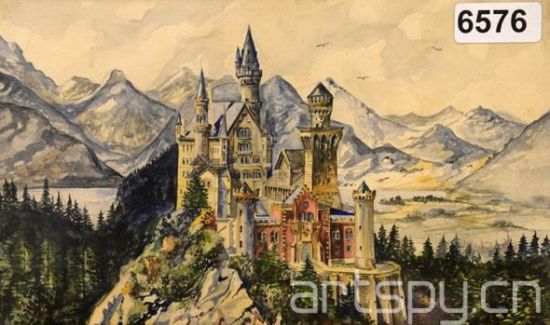希特勒描绘新天鹅堡的作品，图片来自法新社