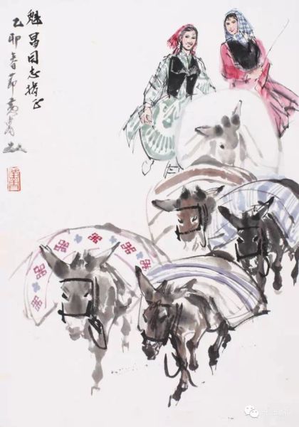 黄胄(1925-1997) 送公粮 63×44cm 约2.5平尺 设色纸本立轴 款识：魁昌同志指正。乙卯（1975年）春节，黄胄。 钤印：黄胄 出版：《“生活之路”第三届黄胄师生作品展》中国美术家协会、黄州美术基金会、炎黄艺术馆 P.007 