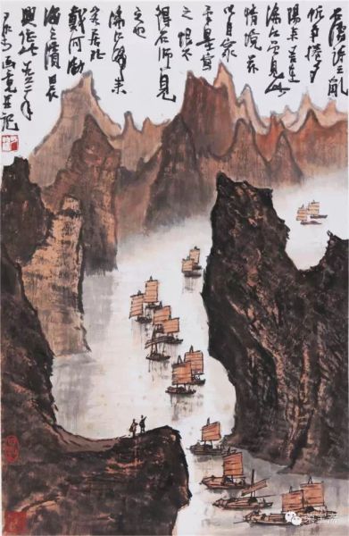 李可染(1907-1989) 漓江69.5×46cm 约2.9平尺 设色纸本 镜心 款识：石涛诗之乱帆争卷夕阳来，吾在漓江曾见此情境，兹化自家笔墨写之，恨不得石师一见之也。漓江归来客居北戴河渤海之滨晨兴作此。一九六二年可染于画竟并记。 钤印：可染、日新、河山如画 LI KERAN(1907-1989) Li RiverMounted,ink and color on paper. With three seals of the artist. 