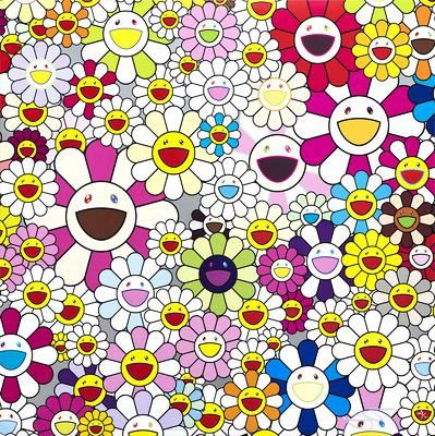村上隆的《鲜花在这个世界绽放(30/300)》(藏品编号：171812004)以烂漫的卡通图案呈现着艺术家无垠无迹的想象空间，具有浓烈的装饰效果。