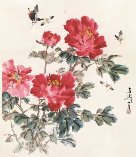 王雪涛 牡丹蝴蝶 设色纸本 立轴 97.5×46.5cm