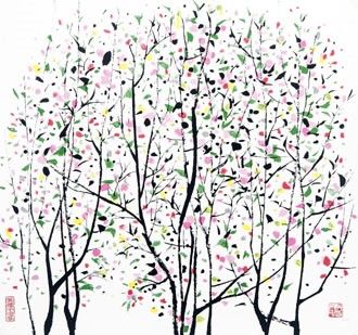 《海棠(16/100)》(藏品编号：159771005)承接中国传统绘画之神韵，借鉴西方油画的表现手法，将中西方艺术特点巧妙地融合，即对表现意识和艺术个性做了深入探究。在绘画语言上更注重色彩的主观表达，画面展现成排的海棠花，粉红的花瓣、朱红的花蕾及嫩绿的新叶密密地挤在一起，色彩搭配协调，色调微妙丰富，层次变化多端，画面饱满充实，显得分外绚丽。真正体现了吴氏风格的“形式美”、“抽象美”和“意境美”。