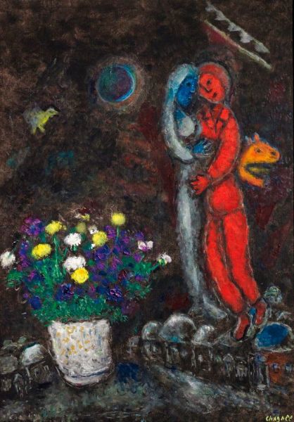 马克·夏卡尔 (1887-1985) 《冬夜恋人》 签名： Chagall (右下)； Chagall Marc (背面) 油彩 画布 91.8 x 65 厘米 约1978年作 估价： 人民币 7,300,000 - 10,500,000 美元1,200,000 - 1,700,000 