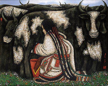 乔十光《牦牛与藏女》漆画