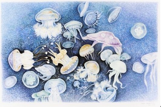 陈东维的水彩《浮游》(藏品编号：152803001)给人一种安静冥想的气息，她舍弃传统的水彩技法，用无数的点来组成画面，形成另类的光的效果，最终以4 895,00元成交。