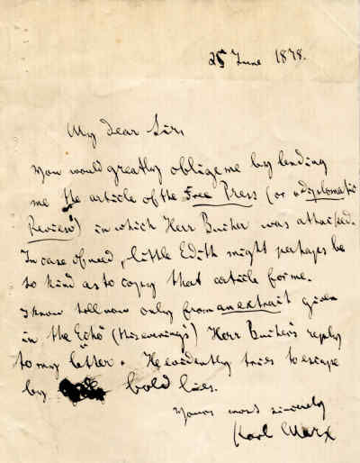 马克思写给英国周刊《自由新闻》主编与发行人科勒特·多布森·科勒特的信的手迹